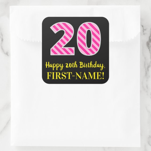 Sticker Carré Fun Pink Stripes "20" : Joyeux 20e anniversaire +  (Sac)