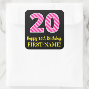 Sticker Carré Fun Pink Stripes "20" : Joyeux 20e anniversaire + 