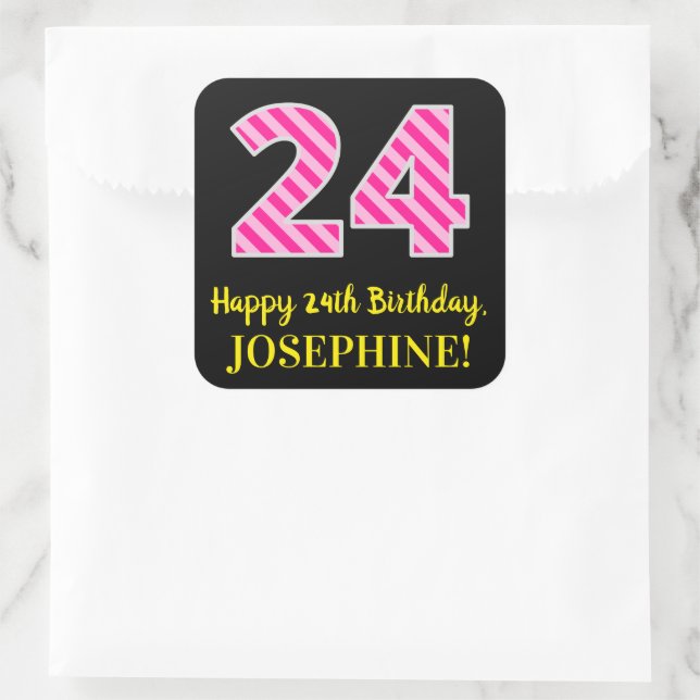 Sticker Carré Fun Pink Stripes "24" : Joyeux 24ème anniversaire  (Sac)