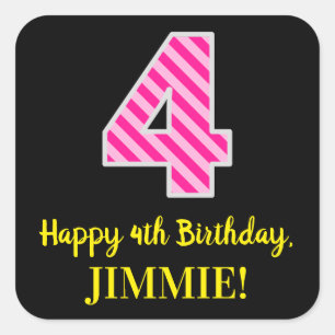 Sticker Carré Fun Pink Stripes "4" : Joyeux 4ème anniversaire + 
