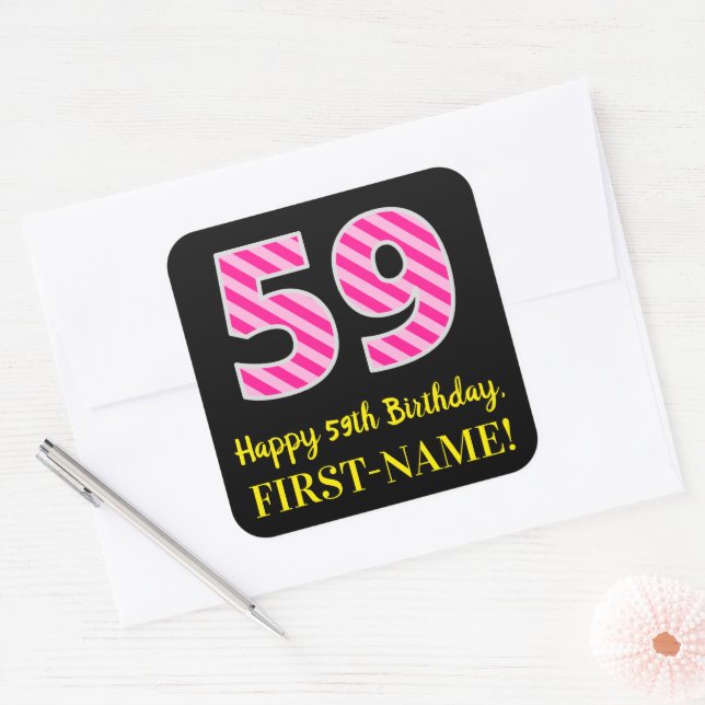 Sticker Carré Fun Pink Stripes "59" : Joyeux 59ème anniversaire  (Enveloppe)