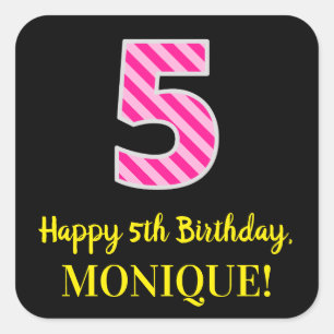 Sticker Carré Fun Pink Stripes "5" : Joyeux 5ème anniversaire + 