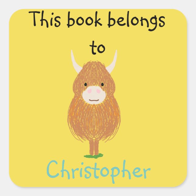 Sticker Carré Fun Scottish Highland Cow Ce livre appartient à (Devant)
