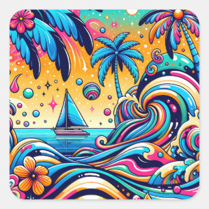 Sticker Carré Fun Whimsic Psychedelic Voilier