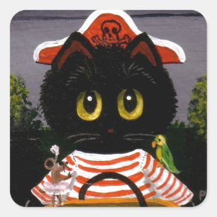Sticker Carré Funky Black Cat Pirate Créationarts Lisa Adams