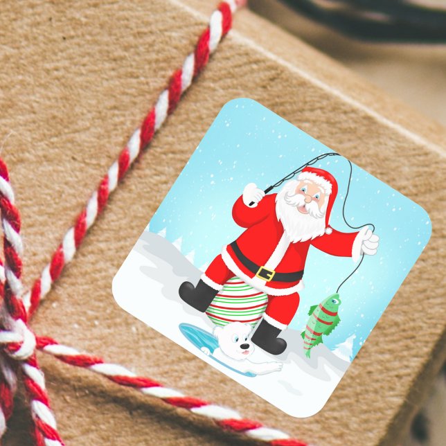 Sticker Carré Funky Père Noël Pêche Sur Glace Avec Ours Polaire (Great sticker for decorating gifts, arts and crafts and favor bags!)