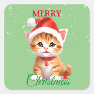 Sticker Carré Funny animaux Safari Chat Père Noël Costume de Noë