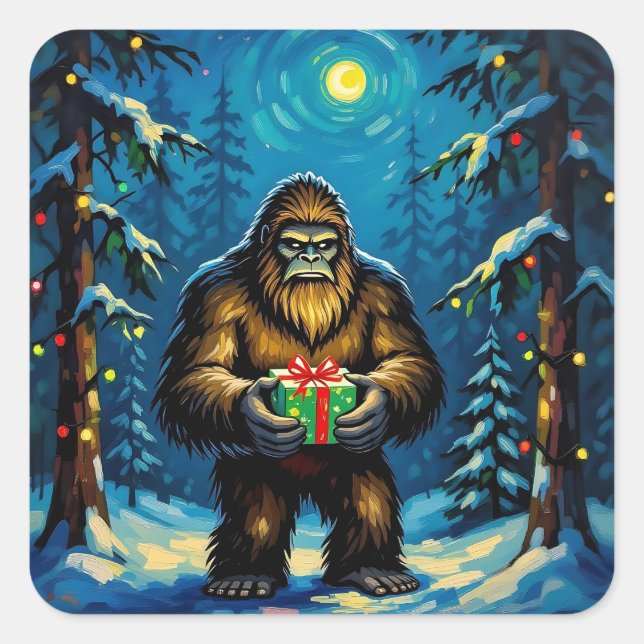 Sticker Carré Funny Bigfoot holding a Christmas Gift (Devant)