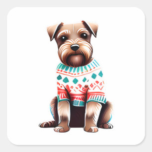 Sticker Carré Funny Border Terrier dans le pull de Noël