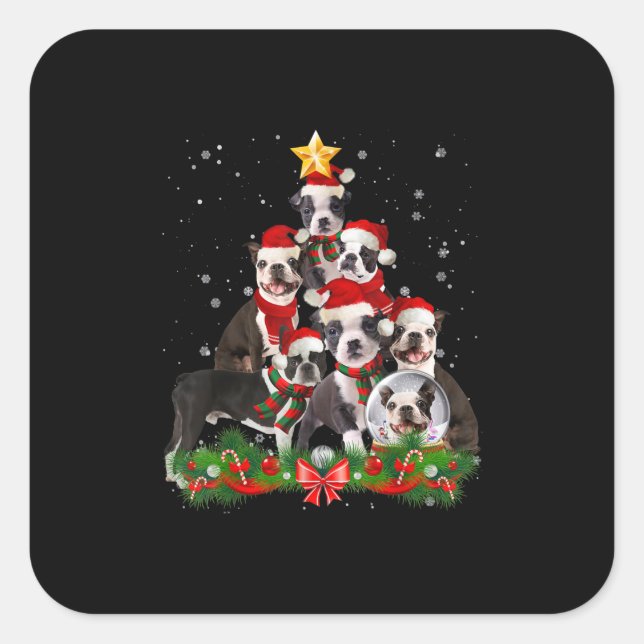 Sticker Carré Funny Boston Terrier Chien cadeau de Noël Arbre (Devant)