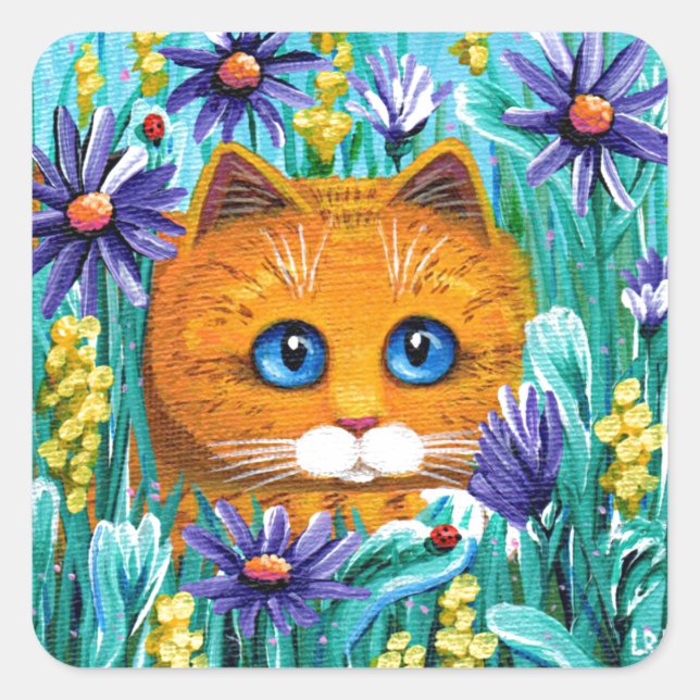 Sticker Carré Funny Cat Art Orange Tabby Fleurs Créationarts (Devant)