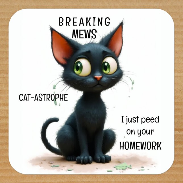Sticker Carré Funny Cat Back to School (Funny black cat back to school sticker.)