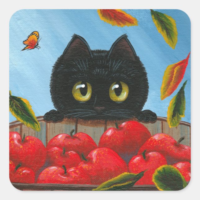 Sticker Carré Funny Chat Noir Pommes Rouges Créationarts (Devant)