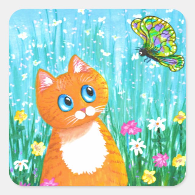 Sticker Carré Funny Chat Orange Tabby Butterfly Été (Devant)