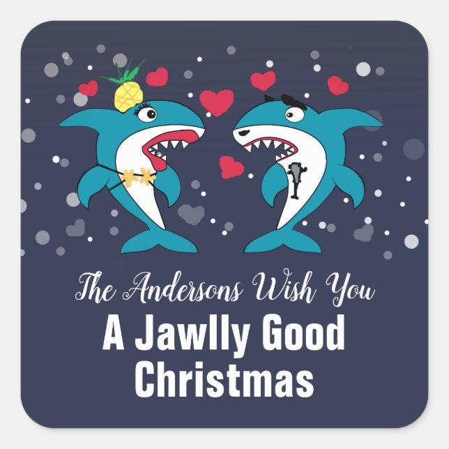 Sticker Carré Funny Christmas Sharks Nom de famille Marine (Devant)