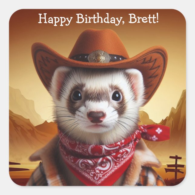 Sticker Carré Funny Cowboy Ferret Style Occidental Anniversaire (Devant)