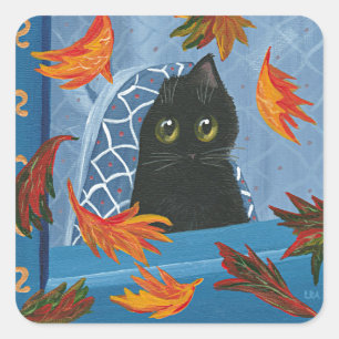 Sticker Carré Funny Fall Black Cat Créationarts