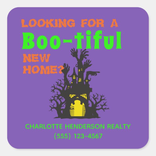 Sticker Carré Funny Halloween Immobilier Maison hantée (Devant)