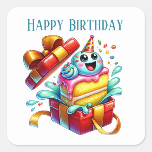 Sticker Carré Funny Happy Birthday cake ajouter du texte