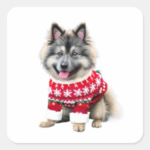 Sticker Carré Funny Keeshond dans le pull de Noël