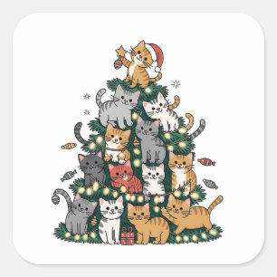 Sticker Carré Funny Kitten Christmas Tree Chat Animal de compagn