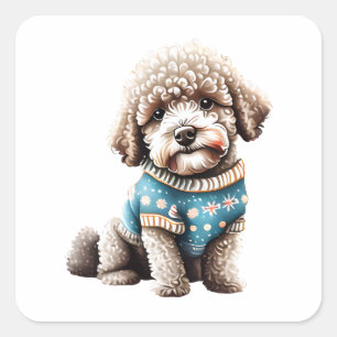 Sticker Carré Funny Lagotto Romagnolo dans le pull de Noël