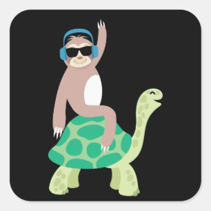 Sticker Carré Funny Lazy Sloth Riding Sea Turtle Hona Cadeau