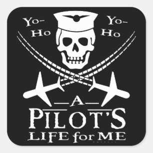 Sticker Carré Funny Pilote Skull Cross Airplanes Pirate Humour