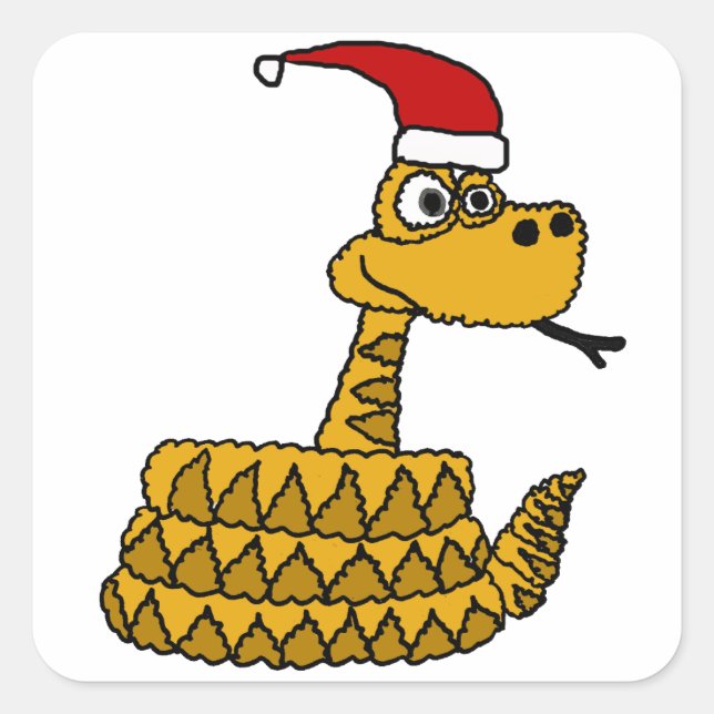 Sticker Carré Funny Rattlesnake in Santa Hat Art de Noël (Devant)