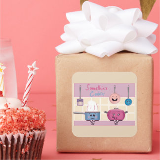 Sticker Carré Funny Romantic Kitchen Scene with Cooking Utensils