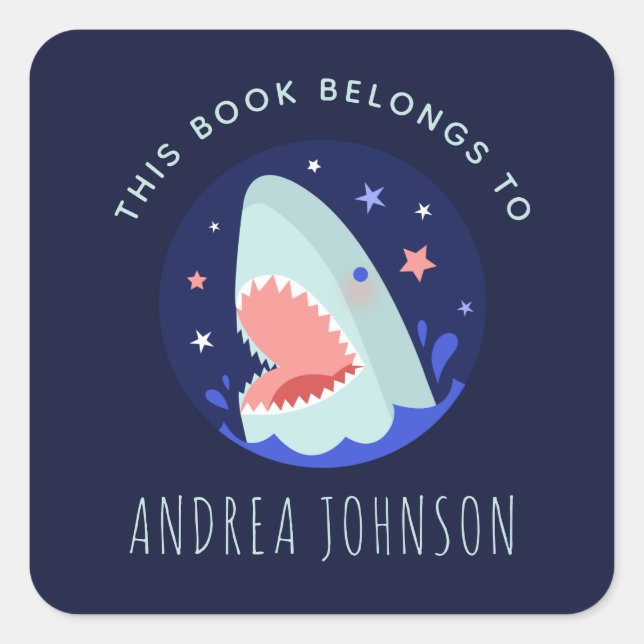 Sticker Carré Funny Shark & Stars Navy Blue Nautical Bookplate (Devant)