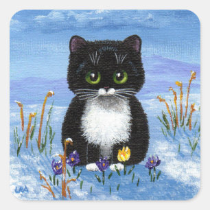 Sticker Carré Funny Winter Black Cat Créationarts