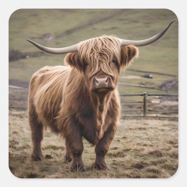 Sticker Carré **"Furry Majesty : The Woolly Brown Highland Cow"* (Devant)