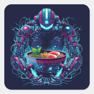 Sticker Carré Futuristic Cyberpunk Robot Neon Food Ramen
