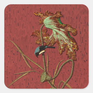 Sticker Carré G.A. Audsley Vintage Rouge Oiseau Japonais Art Lot