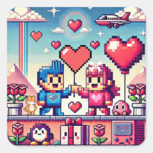 Sticker Carré Gamer 8 bit Valentine's Day
