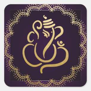 Sticker Carré Ganesh festif or Dieu indien violet