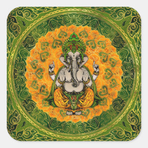 Sticker Carré Ganesha en fleurs de souci et décoration d'or