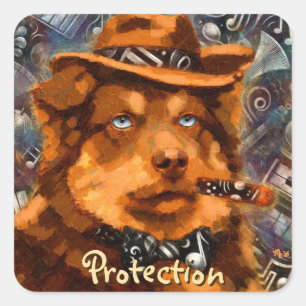 Sticker Carré Gangster Chien Fantaisiste Rétro Noir Yeux Bleus A