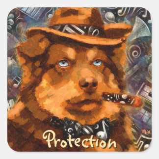 Sticker Carré Gangster Chien Fantaisiste Rétro Noir Yeux Bleus A