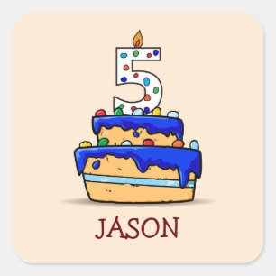Sticker Carré Garçon 5e anniversaire, 5 sur Gâteau bleu doux