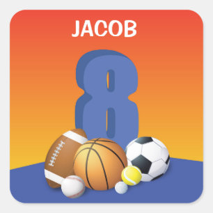 Sticker Carré Garçon 8 Anniversaire Sports Balls