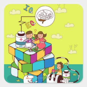 Sticker Carré Garçon avec une fille assise sur un puzzle Rubik's