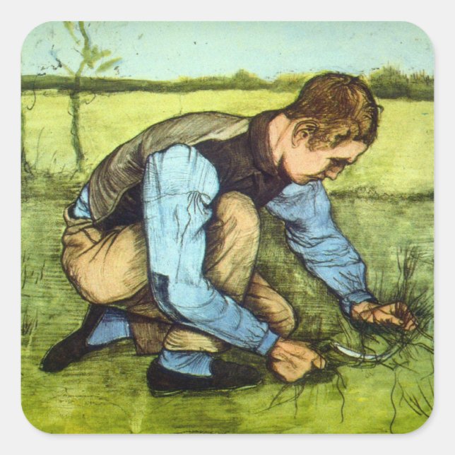 Sticker Carré Garçon coupant l'herbe avec la faucille par Vincen (Devant)