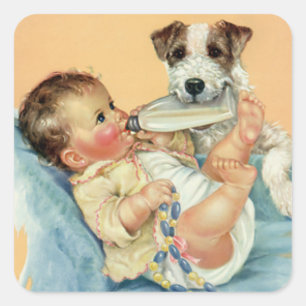 Sticker Carré Garçon mignonne vintage avec bouteille et Chien ch