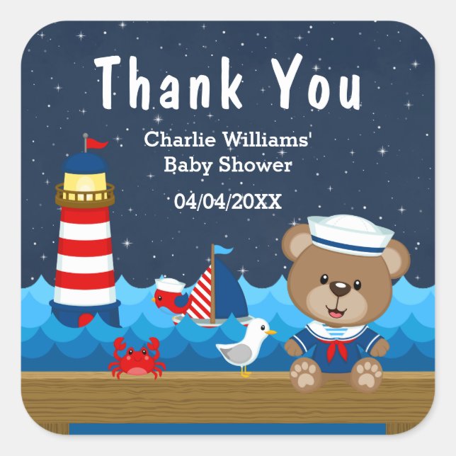 Sticker Carré Garçon Nautique ours Baby shower rouge Merci (Devant)