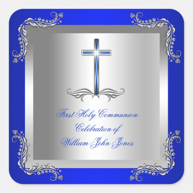 Sticker Carré Garçon Première Sainte Communion Argent Royal Blue (Devant)