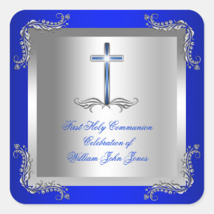 Sticker Carré Garçon Première Sainte Communion Argent Royal Blue