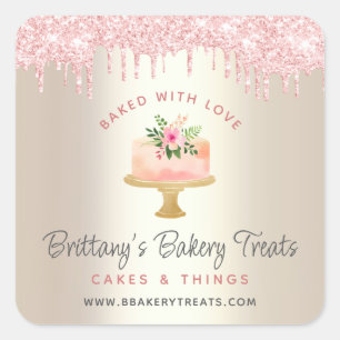 Sticker Carré Gâteau cuit avec amour Teinte rose paillettes doré