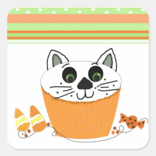 Sticker Carré Gâteau cupcake de chat d'Halloween